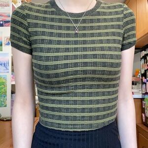 Zara - Olive & Black Striped Short Sleeve Cropped Tee
